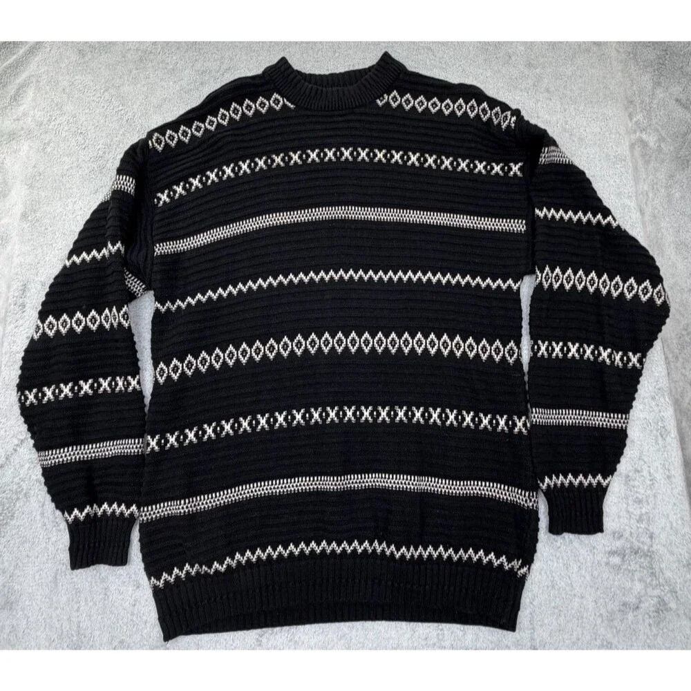 VINTAGE Jantzen Sport Sweater Mens Large Black White Cotton Knit Pullover 90's